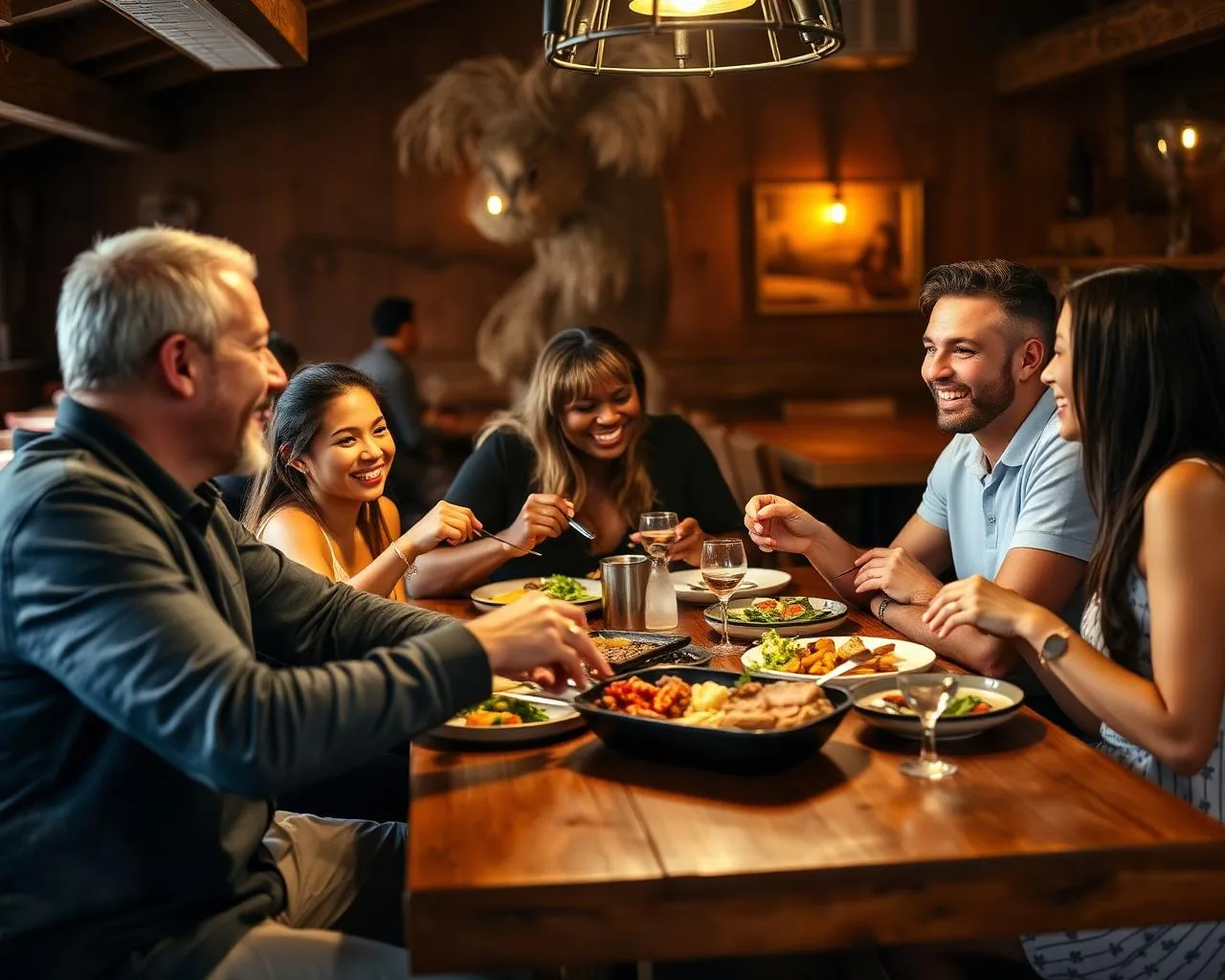 Clientes felizes saboreando churrasco gaúcho e buffet livre na Costela na Brasa